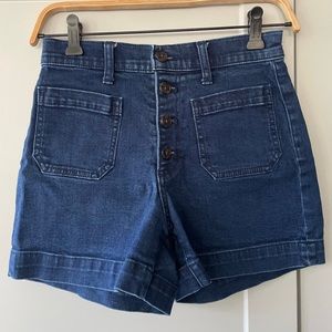 J.CREW dark wash patch pocket button fly 60s/70s stretch denim shorts size 25